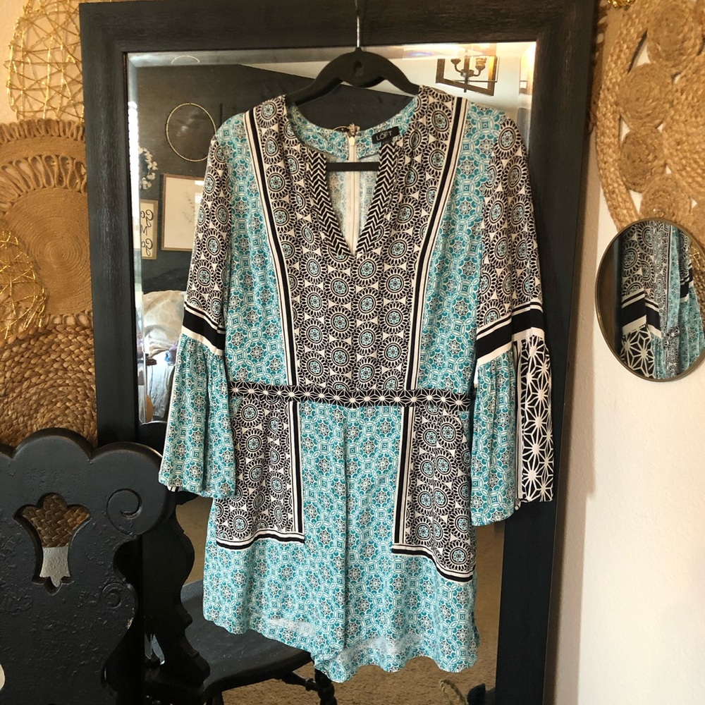 Ann Taylor Loft Bell Sleeve Teal Black Romper